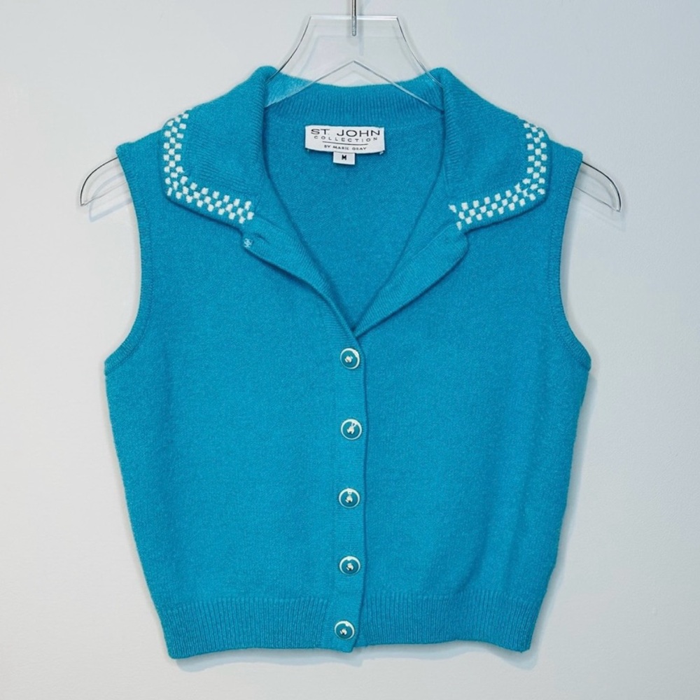 St. John Turquoise Teal Blue Green Sleeveless Cropped Sweater Shirt Top Size M